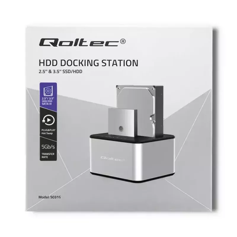 Docking station QOLTEC 5316 para 2x HDD/SSD de 2,5/3,5 pulgadas, SATA, USB 3.0 (5 Gb/s), carcasa de aluminio