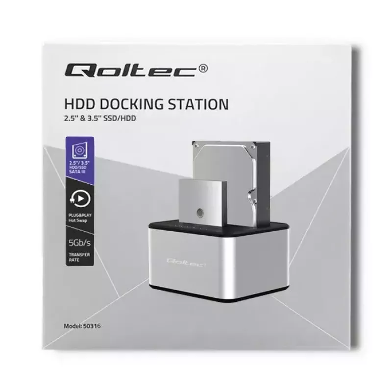 Docking station QOLTEC 5316 para 2x HDD/SSD de 2,5/3,5 pulgadas, SATA, USB 3.0 (5 Gb/s), carcasa de aluminio