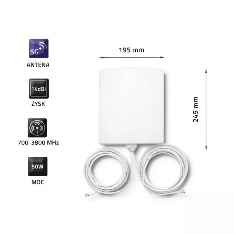 Antena direccional exterior 5G LTE QOLTEC 57022 — 14 dBi, 700–3800 MHz, 50 Ω, carcasa de cobre