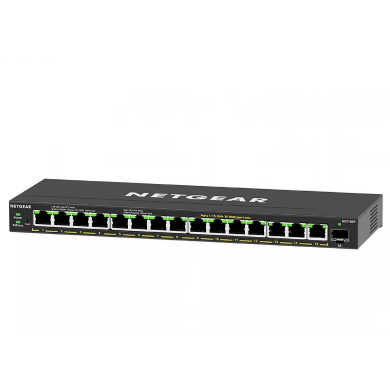 Switch de red NETGEAR GS316EP-100PES Managed Gigabit Ethernet (10/100/1000) Power over Ethernet (PoE) negro