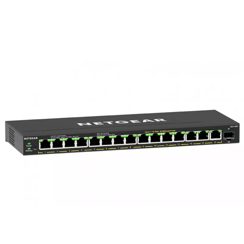 Switch de red NETGEAR GS316EP-100PES Managed Gigabit Ethernet (10/100/1000) Power over Ethernet (PoE) negro
