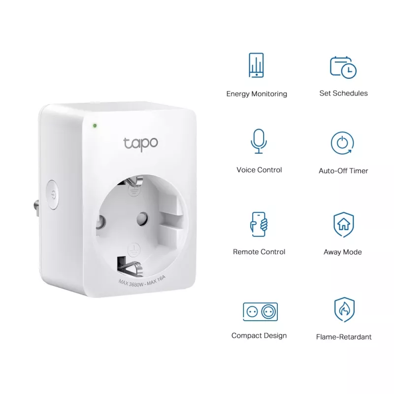 TP-Link Tapo Enchufe inteligente mini Wi-Fi, monitorización de energía, interior, blanco, hogar, oficina, estado, Android, iOS, inalámbrico