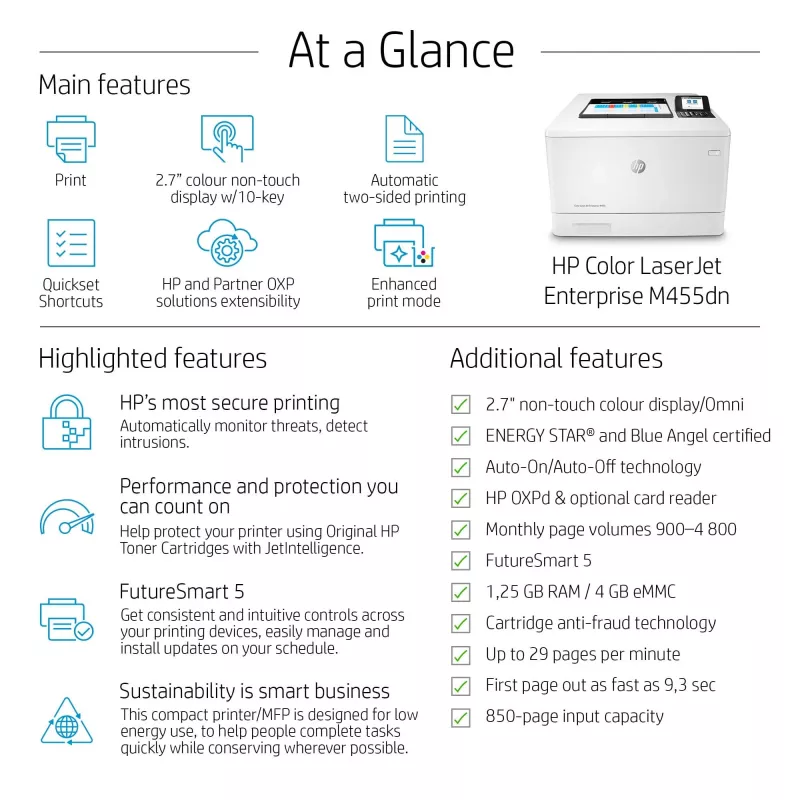 HP Color LaserJet Enterprise M455dn, Láser, Color, 600 x 600 DPI, A4, 27 ppm, impresión a doble cara