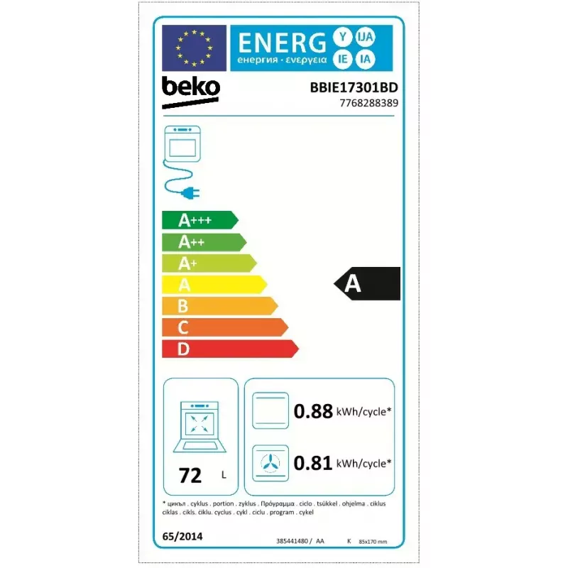 Horno eléctrico empotrable BEKO BBIE17301BD, 72 L, aire caliente, grill, limpieza por vapor, acero inoxidable