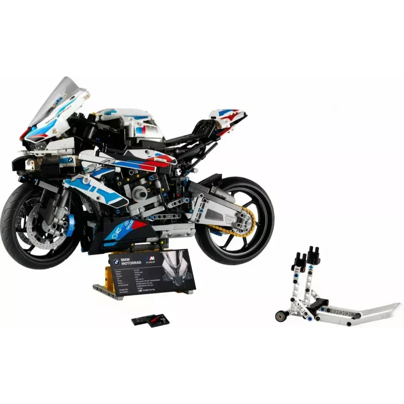 Modelo de moto LEGO Technic BMW M1000RR 42130 con motor detallado y suspensión funcional