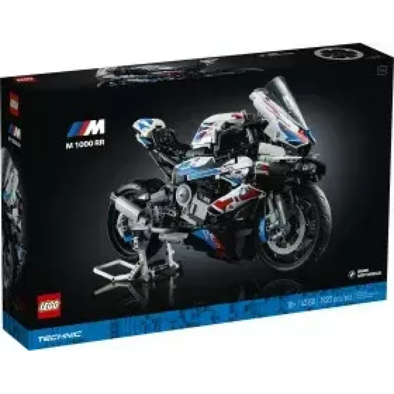 Modelo de moto LEGO Technic BMW M1000RR 42130 con motor detallado y suspensión funcional