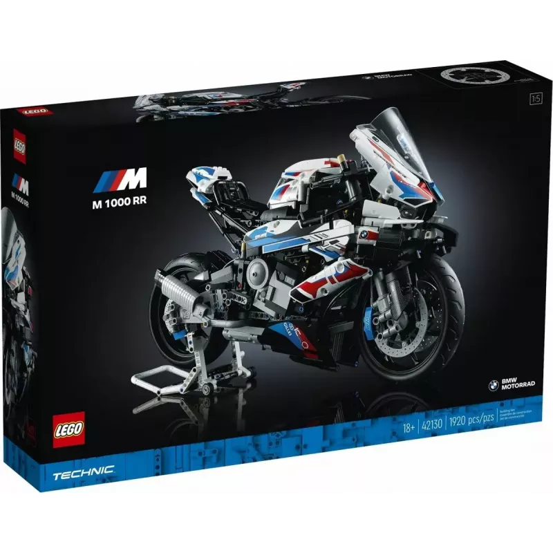 Modelo de moto LEGO Technic BMW M1000RR 42130 con motor detallado y suspensión funcional