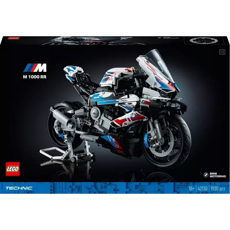 Modelo de moto LEGO Technic BMW M1000RR 42130 con motor detallado y suspensión funcional