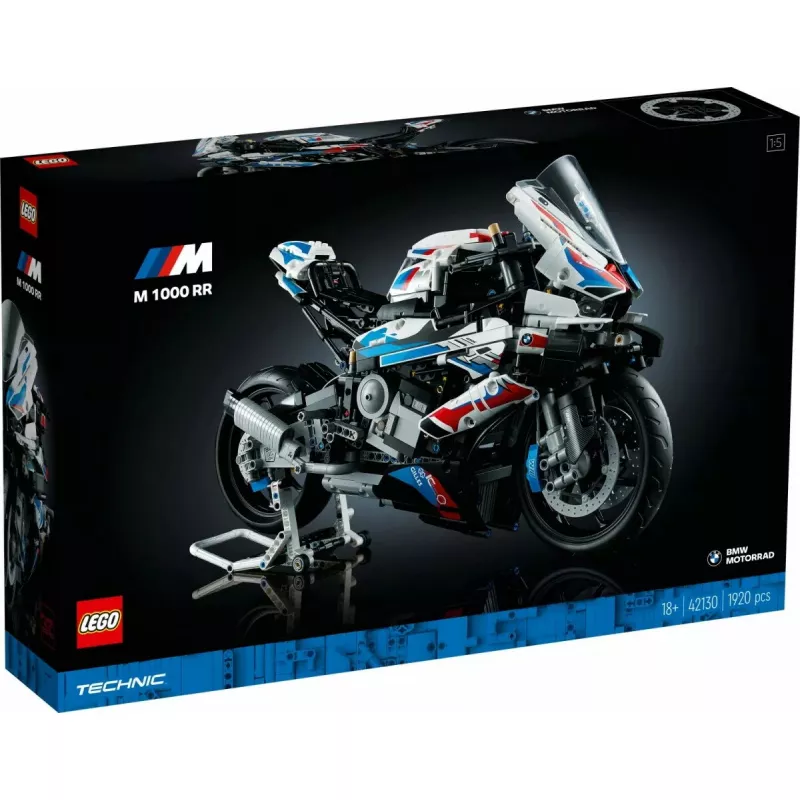 Modelo de moto LEGO Technic BMW M1000RR 42130 con motor detallado y suspensión funcional