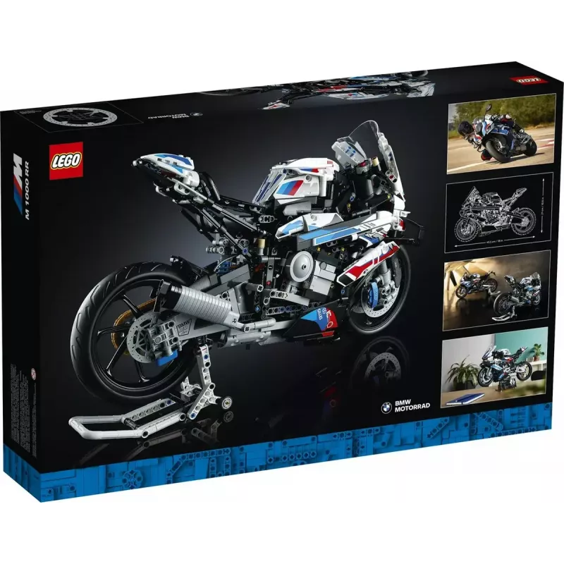 Modelo de moto LEGO Technic BMW M1000RR 42130 con motor detallado y suspensión funcional