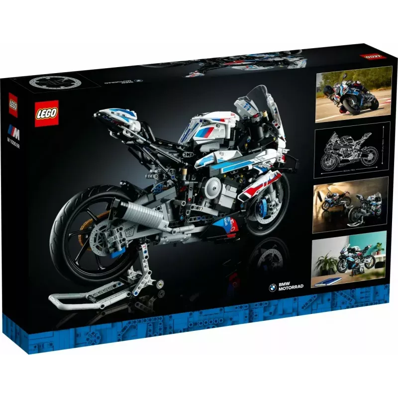 Modelo de moto LEGO Technic BMW M1000RR 42130 con motor detallado y suspensión funcional