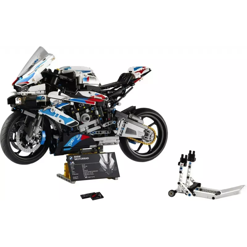 Modelo de moto LEGO Technic BMW M1000RR 42130 con motor detallado y suspensión funcional
