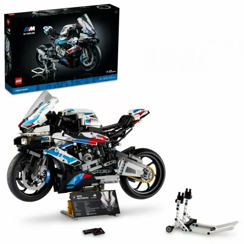 Modelo de moto LEGO Technic BMW M1000RR 42130 con motor detallado y suspensión funcional