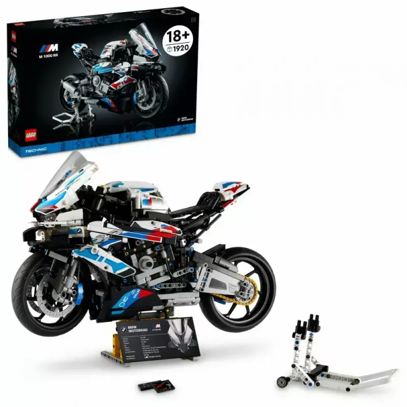 Modelo de moto LEGO Technic BMW M1000RR 42130 con motor detallado y suspensión funcional