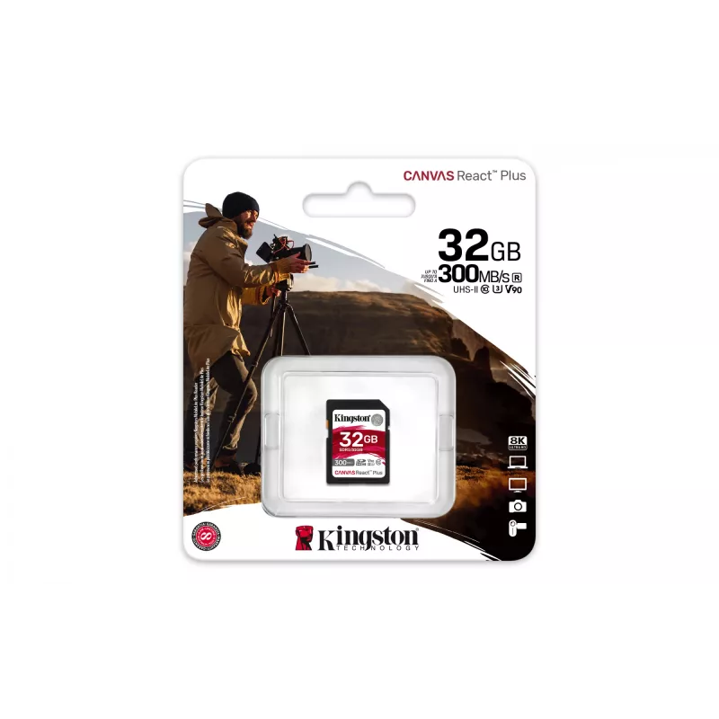 Kingston Technology 32 GB Canvas React Plus SDHC UHS-II 300R/260W U3 V90 para Full HD/4K/8K