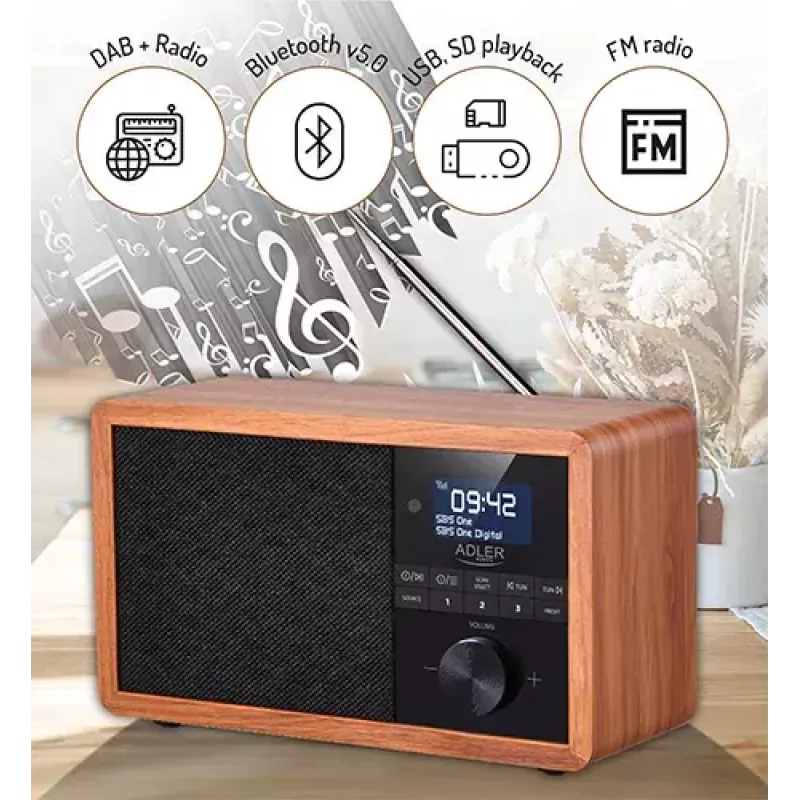 Radio portátil Adler AD 1184 con sintonizador digital DAB+/FM/AM, Bluetooth 5.0, 15W, SD/USB, despertador, negro/madera