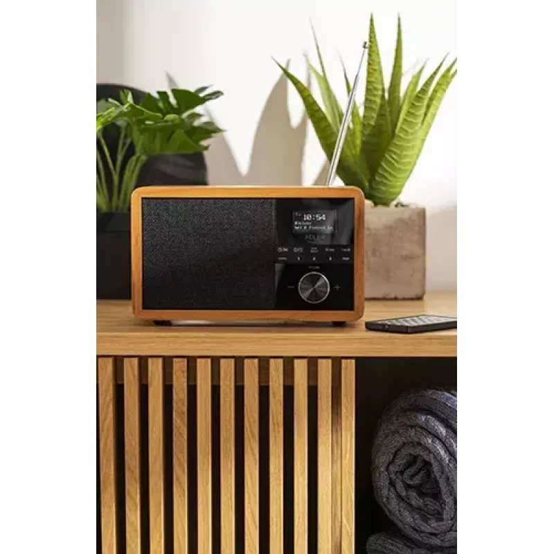 Radio portátil Adler AD 1184 con sintonizador digital DAB+/FM/AM, Bluetooth 5.0, 15W, SD/USB, despertador, negro/madera