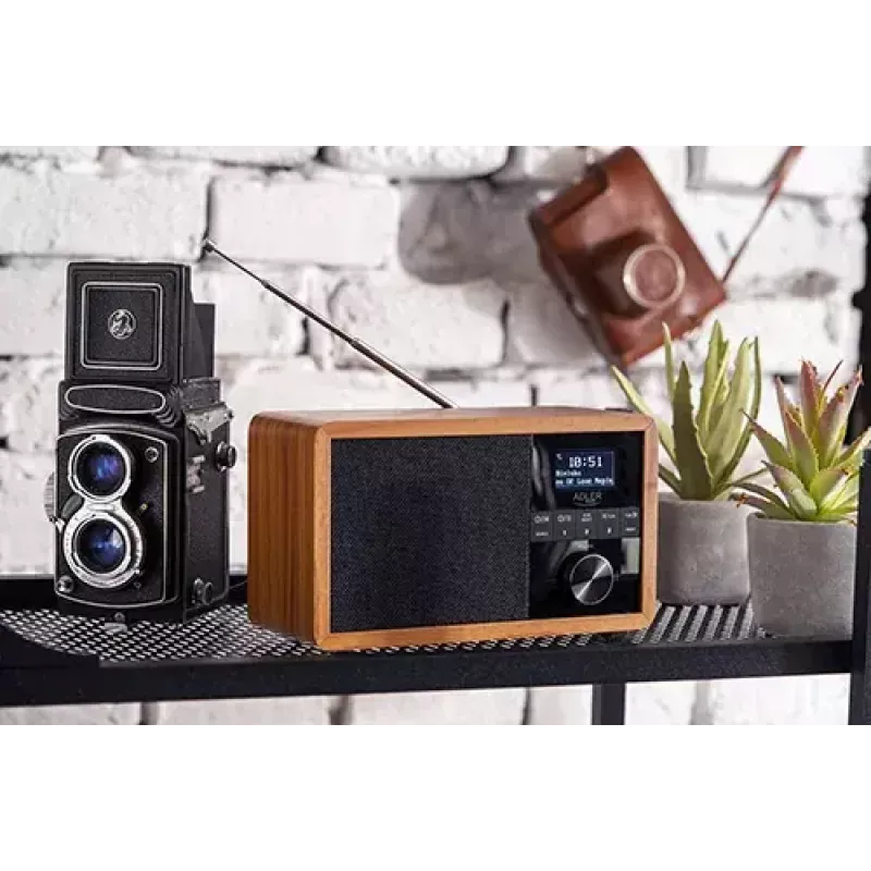 Radio portátil Adler AD 1184 con sintonizador digital DAB+/FM/AM, Bluetooth 5.0, 15W, SD/USB, despertador, negro/madera