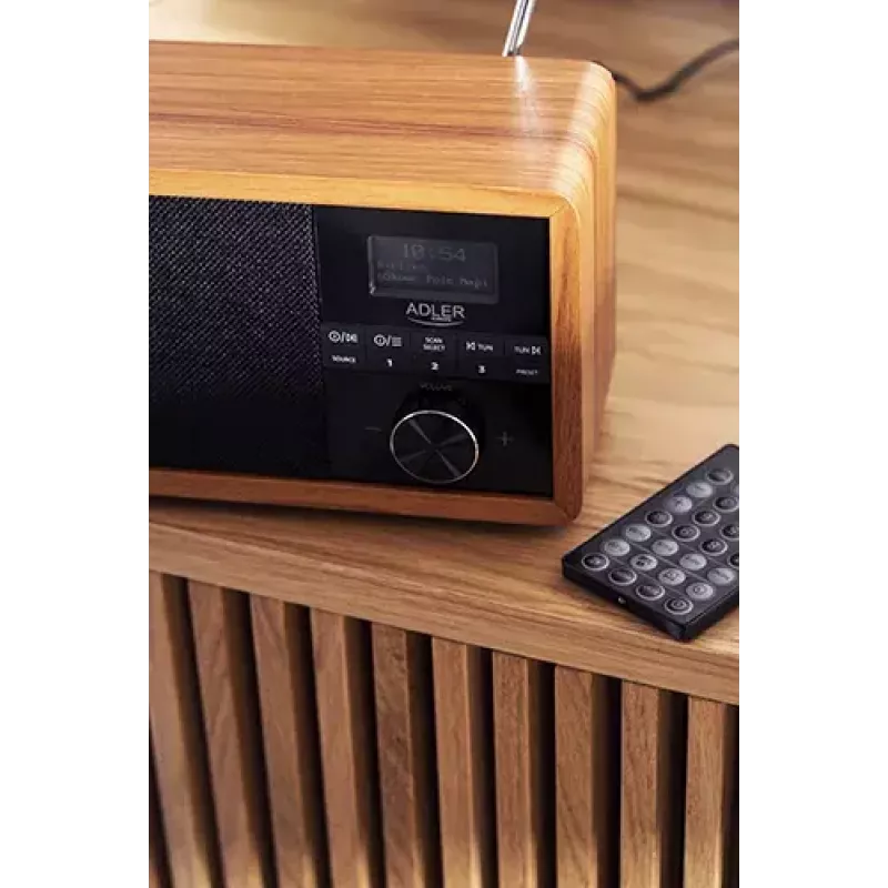 Radio portátil Adler AD 1184 con sintonizador digital DAB+/FM/AM, Bluetooth 5.0, 15W, SD/USB, despertador, negro/madera
