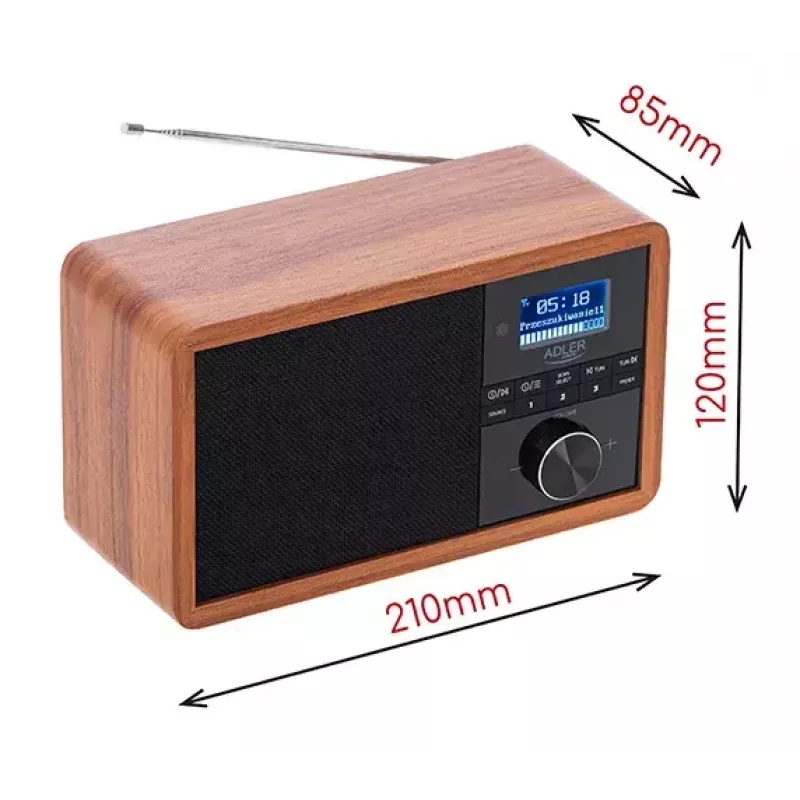 Radio portátil Adler AD 1184 con sintonizador digital DAB+/FM/AM, Bluetooth 5.0, 15W, SD/USB, despertador, negro/madera