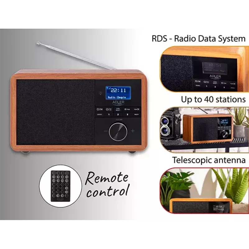 Radio portátil Adler AD 1184 con sintonizador digital DAB+/FM/AM, Bluetooth 5.0, 15W, SD/USB, despertador, negro/madera