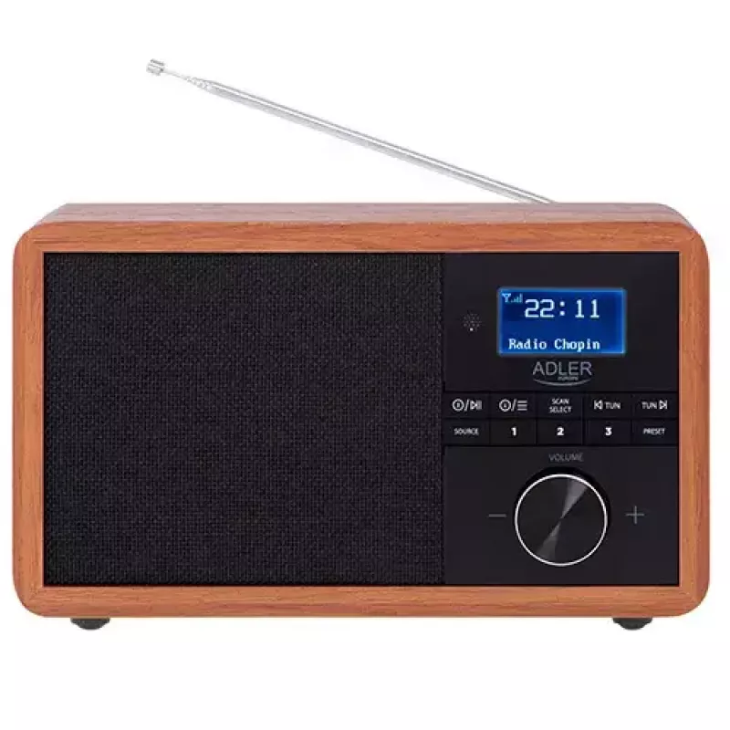 Radio portátil Adler AD 1184 con sintonizador digital DAB+/FM/AM, Bluetooth 5.0, 15W, SD/USB, despertador, negro/madera