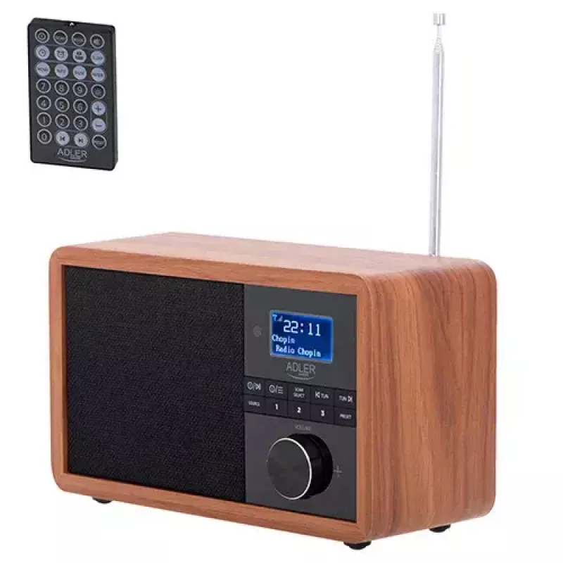 Radio portátil Adler AD 1184 con sintonizador digital DAB+/FM/AM, Bluetooth 5.0, 15W, SD/USB, despertador, negro/madera