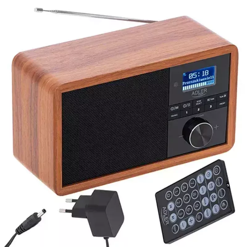 Radio portátil Adler AD 1184 con sintonizador digital DAB+/FM/AM, Bluetooth 5.0, 15W, SD/USB, despertador, negro/madera