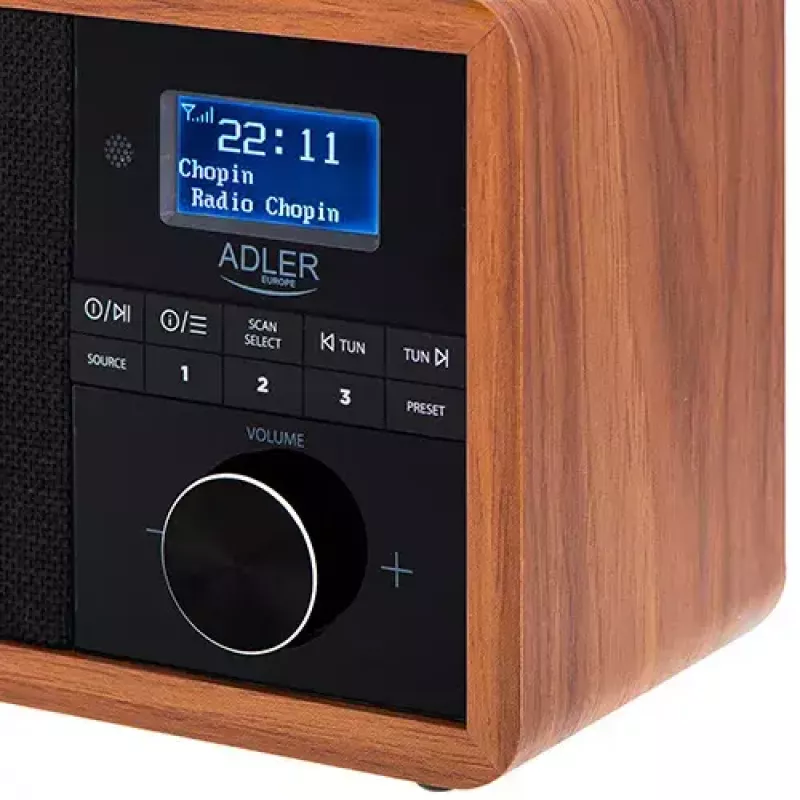 Radio portátil Adler AD 1184 con sintonizador digital DAB+/FM/AM, Bluetooth 5.0, 15W, SD/USB, despertador, negro/madera