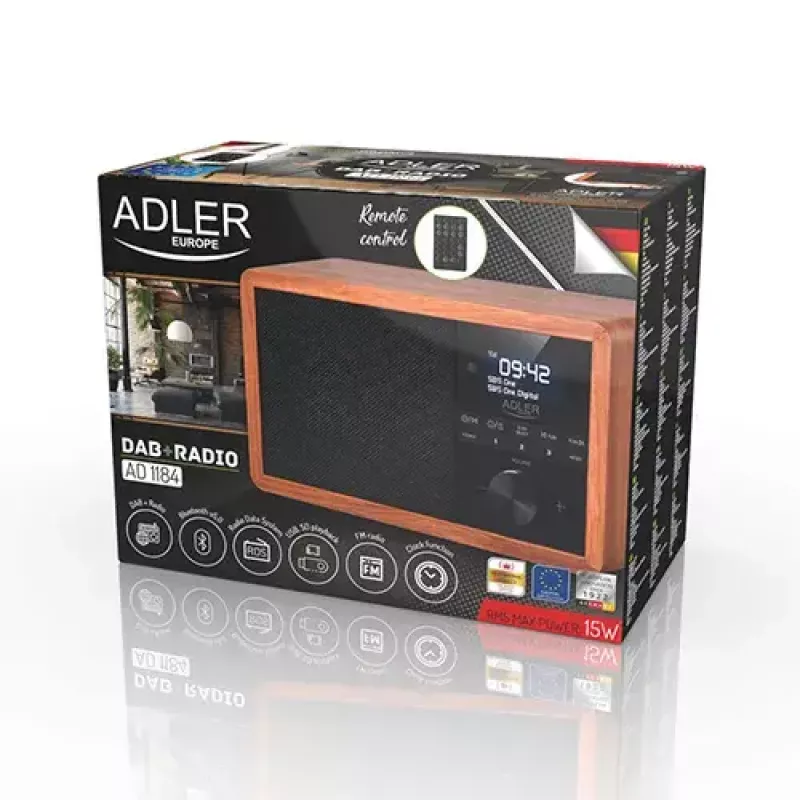 Radio portátil Adler AD 1184 con sintonizador digital DAB+/FM/AM, Bluetooth 5.0, 15W, SD/USB, despertador, negro/madera
