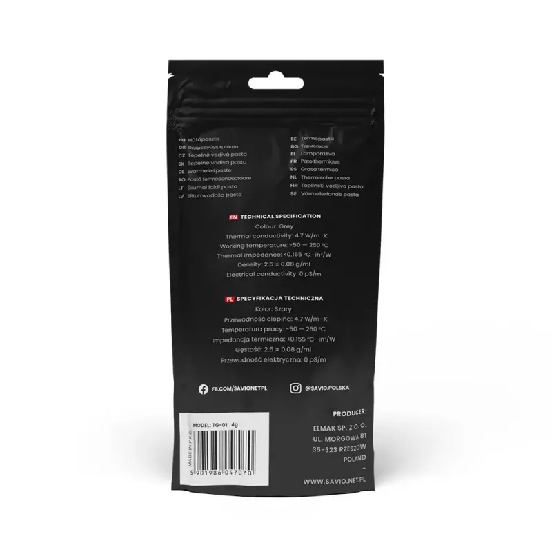Pasta térmica SAVIO TG-01, 4,7 W/m·K, 10 g, densidad 2,5 g/cm³, funcionamiento −50–250 °C
