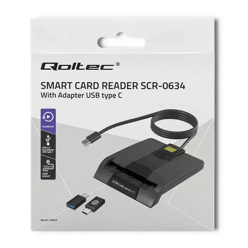 Qoltec 50634 SCR-0634 lector inteligente de tarjetas ID con chip, USB 2.0 + adaptador USB-C, negro