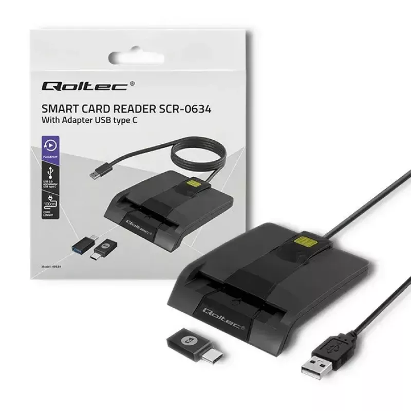 Qoltec 50634 SCR-0634 lector inteligente de tarjetas ID con chip, USB 2.0 + adaptador USB-C, negro