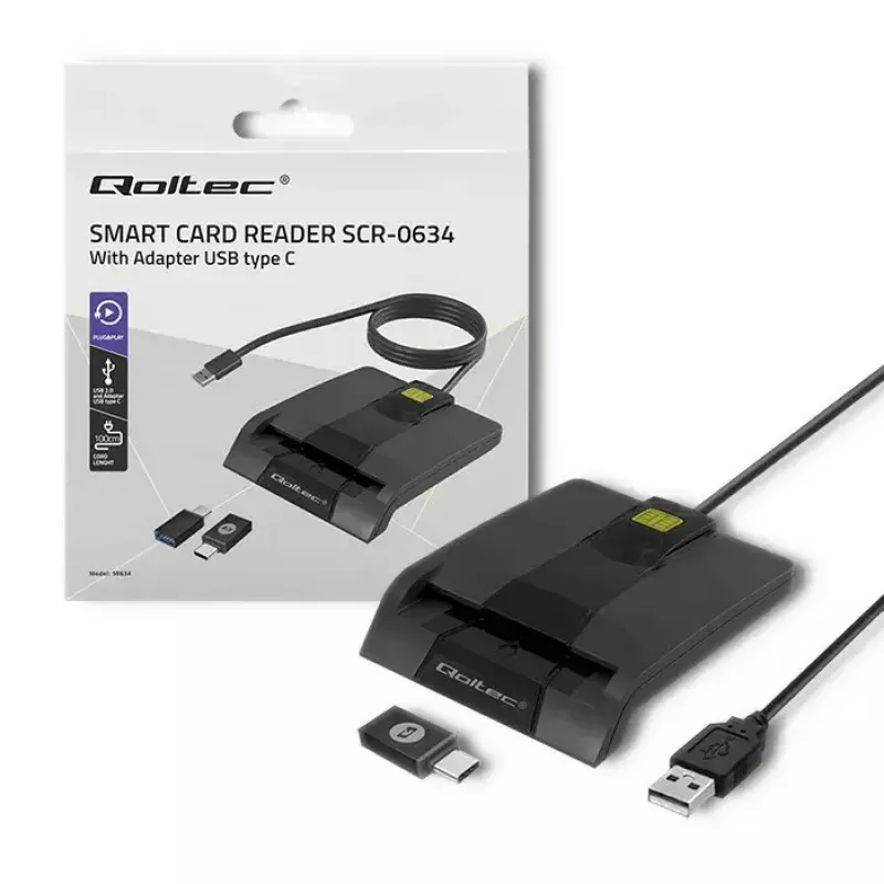 Qoltec 50634 SCR-0634 lector inteligente de tarjetas ID con chip, USB 2.0 + adaptador USB-C, negro