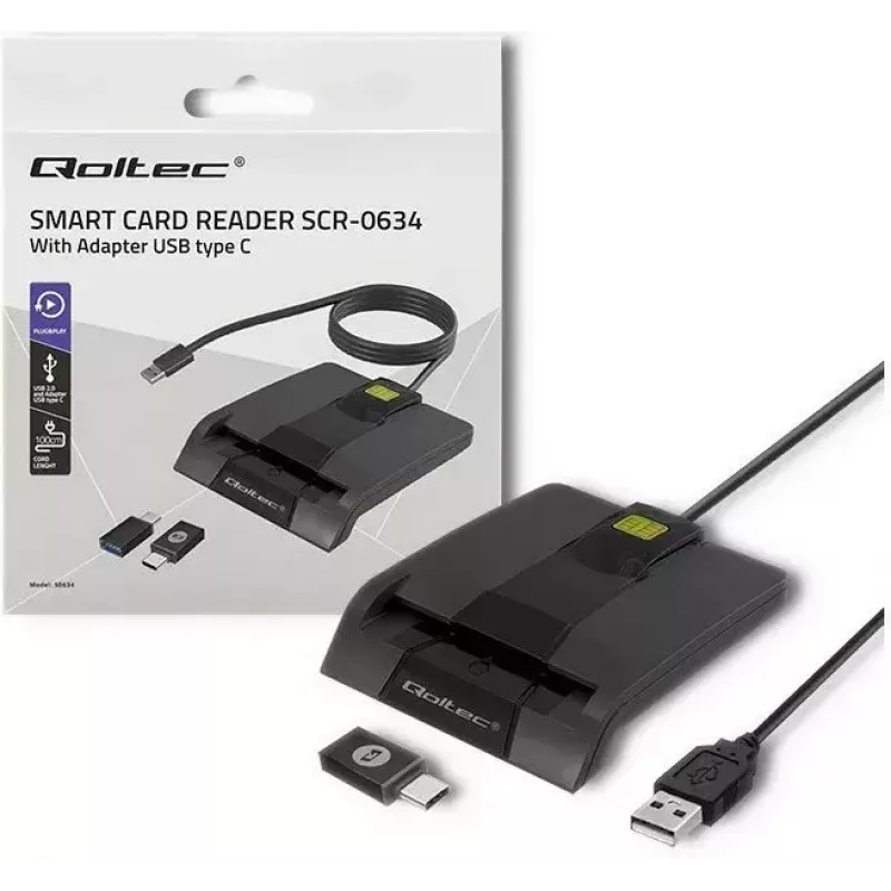 Qoltec 50634 SCR-0634 lector inteligente de tarjetas ID con chip, USB 2.0 + adaptador USB-C, negro
