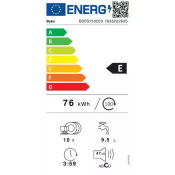 Lavavajillas slim Beko BDFS15020X, 10 cubiertos, 45 cm, 47 dB, 5 programas, motor inverter