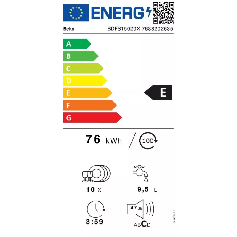 Lavavajillas slim Beko BDFS15020X, 10 cubiertos, 45 cm, 47 dB, 5 programas, motor inverter