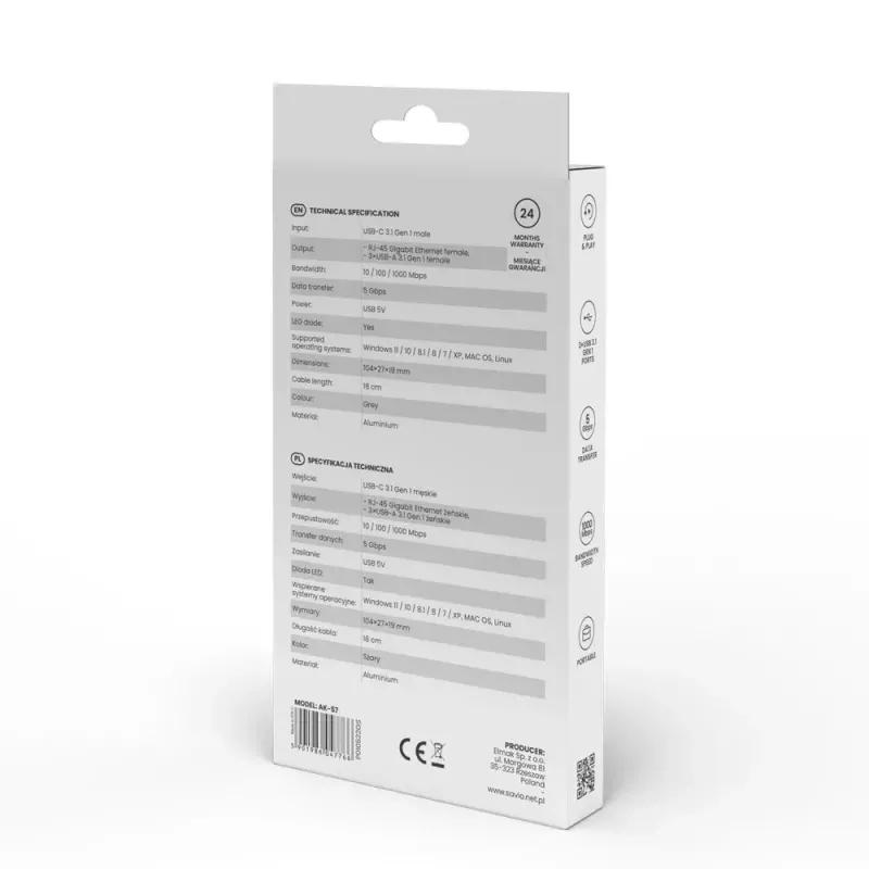 Hub USB-C SAVIO AK-57 con 3× USB-A, RJ-45 Gigabit Ethernet (5000 Mbit/s), aluminio gris