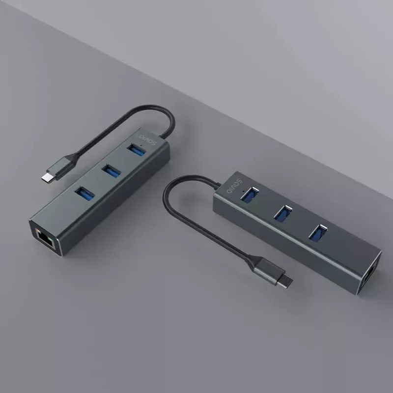 Hub USB-C SAVIO AK-57 con 3× USB-A, RJ-45 Gigabit Ethernet (5000 Mbit/s), aluminio gris
