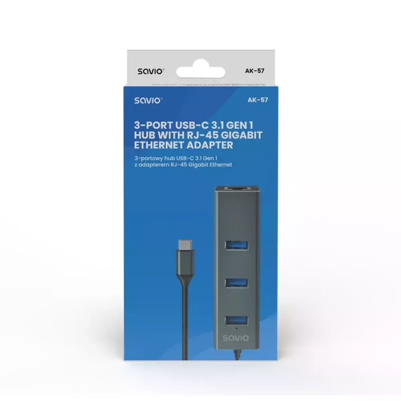 Hub USB-C SAVIO AK-57 con 3× USB-A, RJ-45 Gigabit Ethernet (5000 Mbit/s), aluminio gris