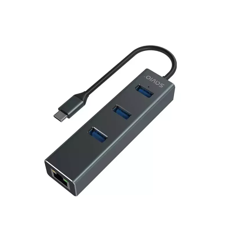 Hub USB-C SAVIO AK-57 con 3× USB-A, RJ-45 Gigabit Ethernet (5000 Mbit/s), aluminio gris
