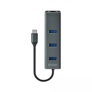 Hub USB-C SAVIO AK-57 con 3× USB-A, RJ-45 Gigabit Ethernet (5000 Mbit/s), aluminio gris