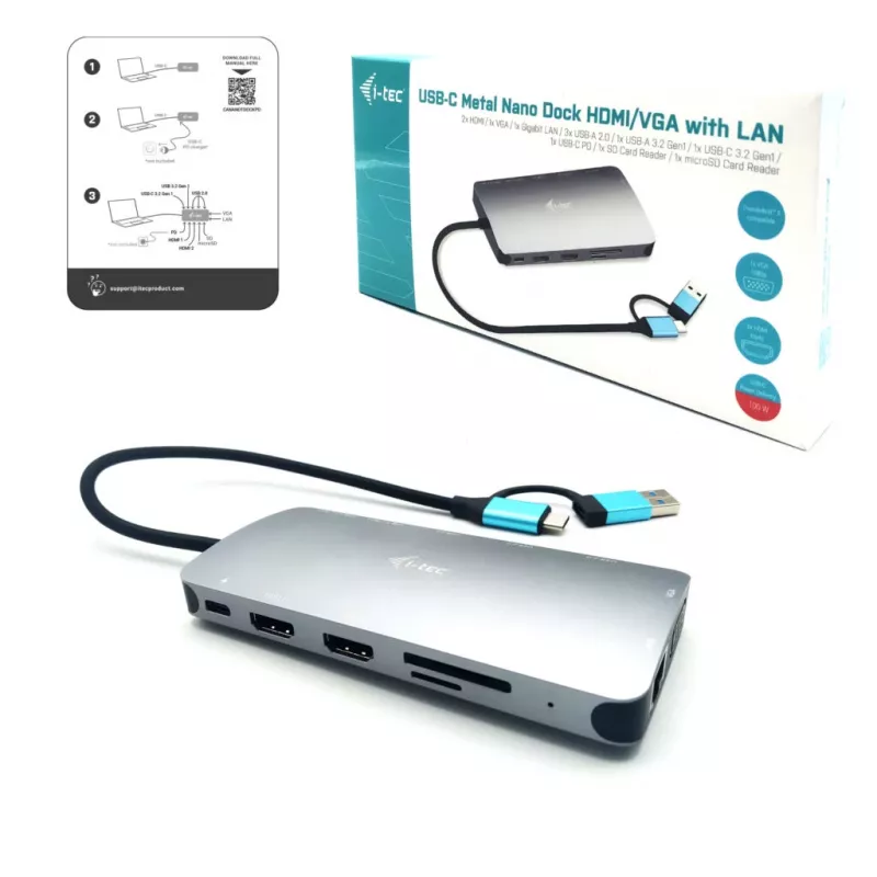 i-tec USB 3.0 USB-C/Thunderbolt 3x Display Metal Nano Dock con LAN + Power Delivery 100 W