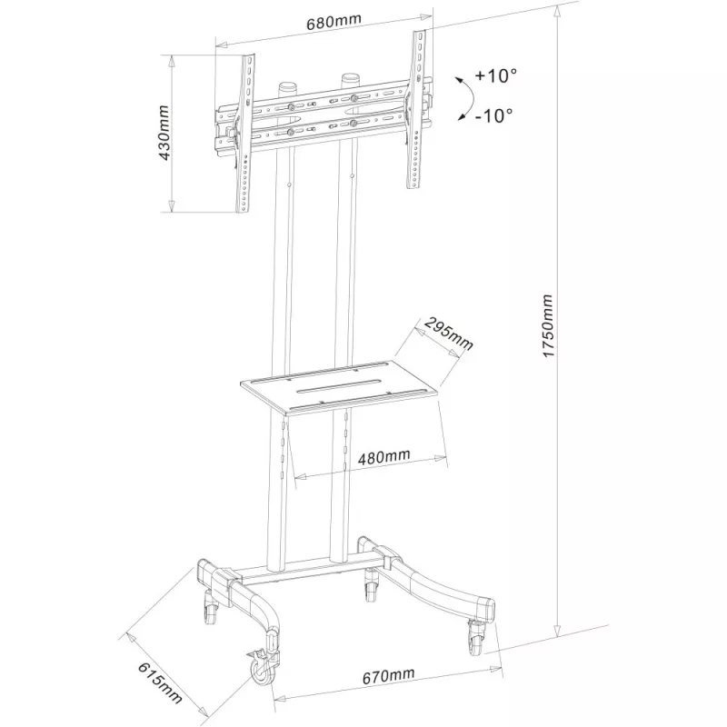 Techly ICA-TR23 soporte de TV móvil con ruedas, 32-70 pulgadas, 40 kg, con estante