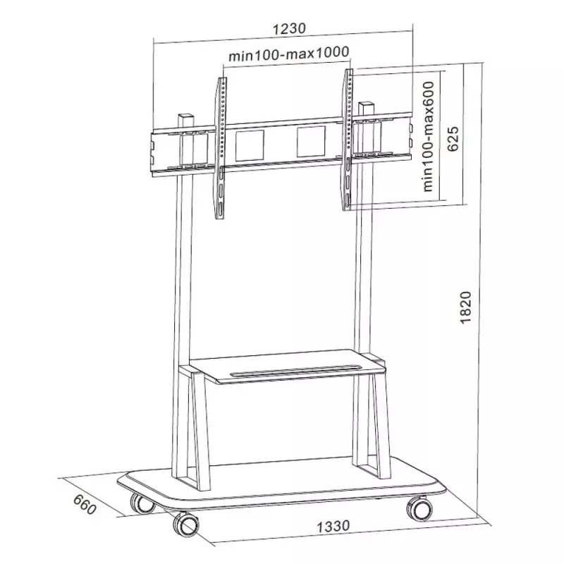 Soporte de suelo portátil TECHLY Signage Display Mount ICA-TR31 para pantallas de 55–120 pulgadas, VESA 1200x600, carga máx. 150 kg, negro