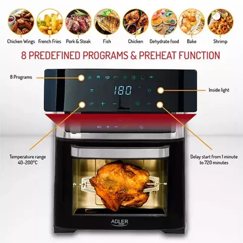 Adler AD 6309 horno freidora de aire, 13 l, 1700 W, acero inoxidable / negro