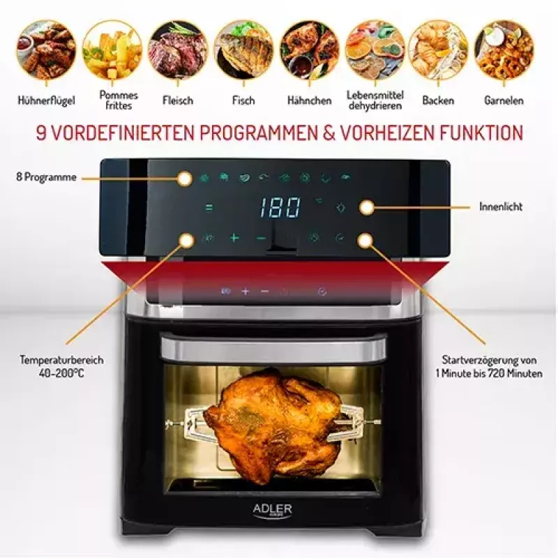 Adler AD 6309 horno freidora de aire, 13 l, 1700 W, acero inoxidable / negro
