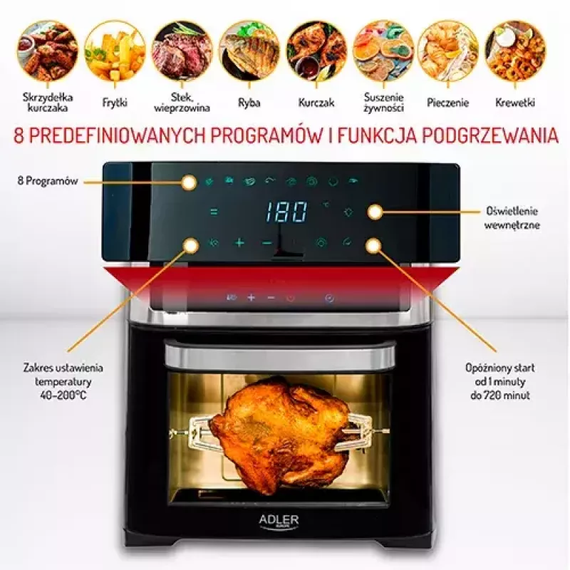 Adler AD 6309 horno freidora de aire, 13 l, 1700 W, acero inoxidable / negro