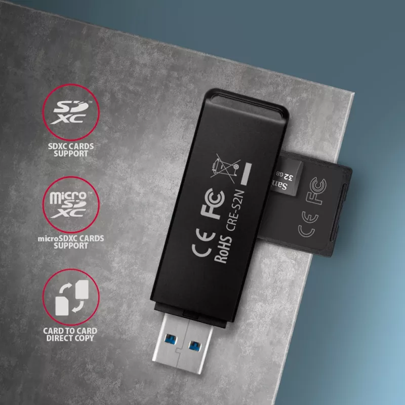 Lector de tarjetas Axagon CRE-S2N USB 3.2 Gen 1 Type-A negro