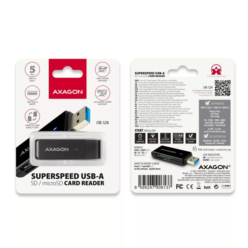 Lector de tarjetas Axagon CRE-S2N USB 3.2 Gen 1 Type-A negro